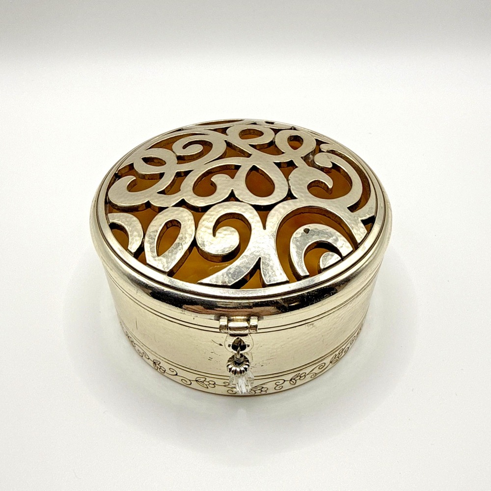 BRIGHTON Skribbel Box Silver Toned Trinket Jar Round 3" Jewelry Gift Box